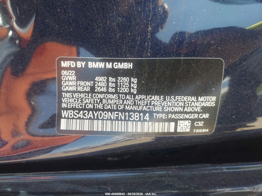2022 BMW M3 Competition xDrive VIN: WBS43AY09NFN13814 Lot: 45465842