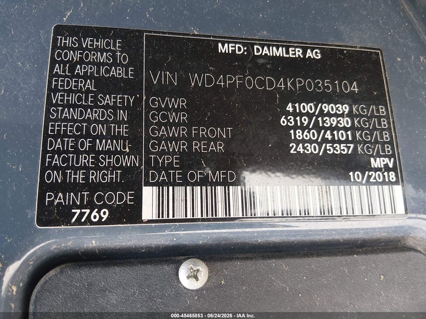 2019 Mercedes-Benz Sprinter 2500 Standard Roof V6 VIN: WD4PF0CD4KP035104 Lot: 45465853