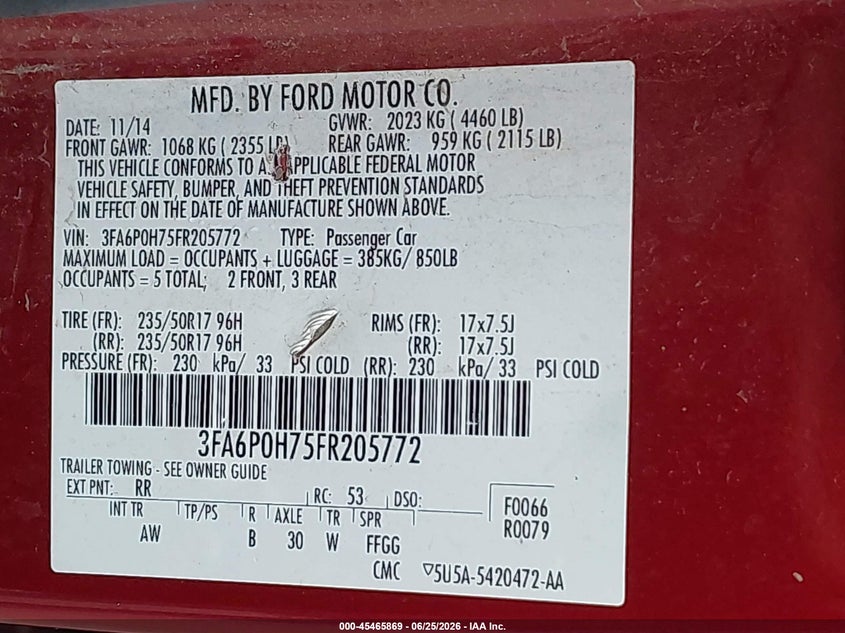 2015 FORD FUSION SEDAN 2.5L I-4 DOHC, VVT, 175HP