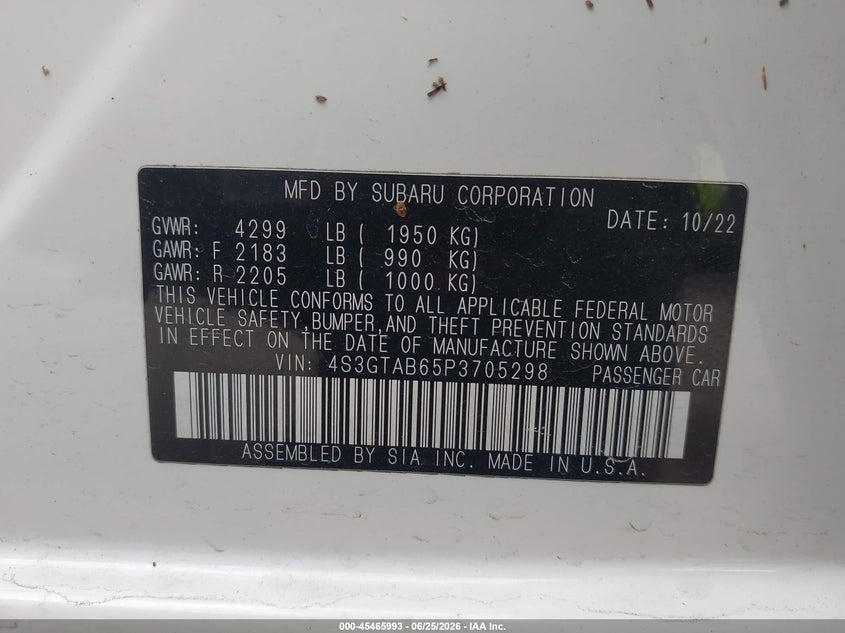 2023 Subaru Impreza Base 5-Door VIN: 4S3GTAB65P3705298 Lot: 45465993