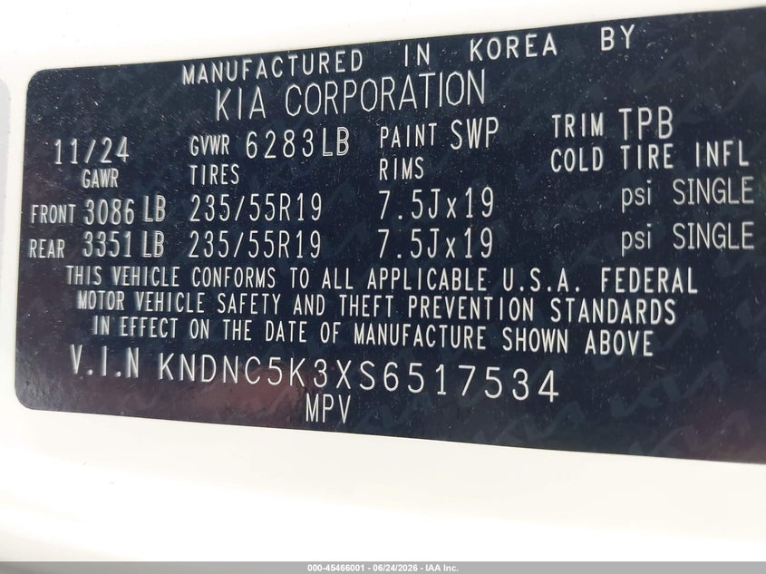 2025 Kia Carnival Mpv Ex VIN: KNDNC5K3XS6517534 Lot: 45466001