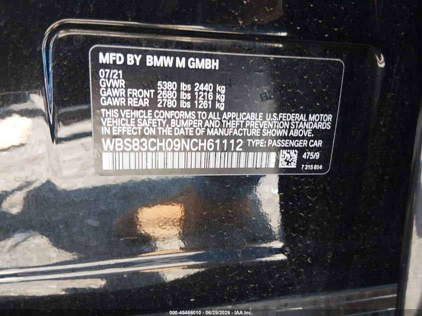 2022 BMW M5 VIN: WBS83CH09NCH61112 Lot: 45466010
