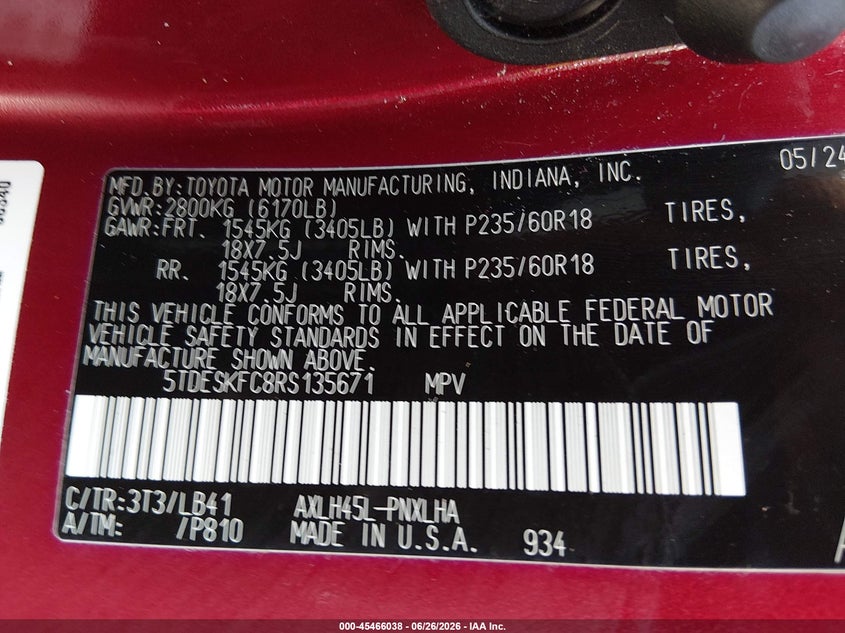 2024 TOYOTA SIENNA(VIN: 5TDESKFC8RS135671