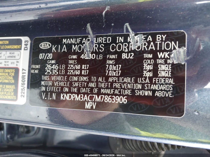 VIN KNDPM3AC7M7863906 2021 KIA SPORTAGE LX