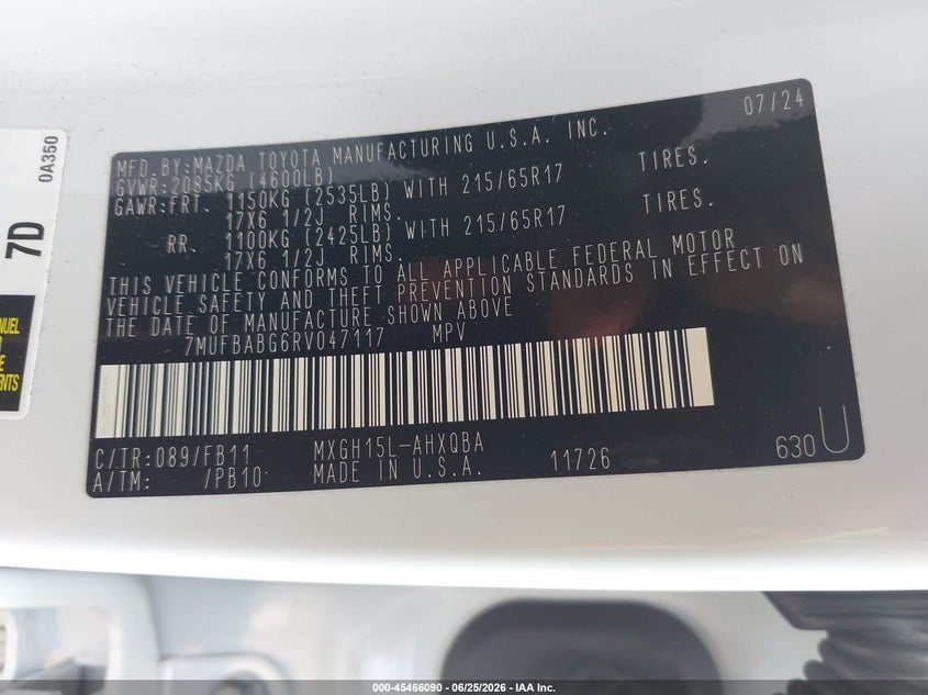 2024 Toyota Corolla Cross Hybrid S VIN: 7MUFBABG6RV047117 Lot: 45466090