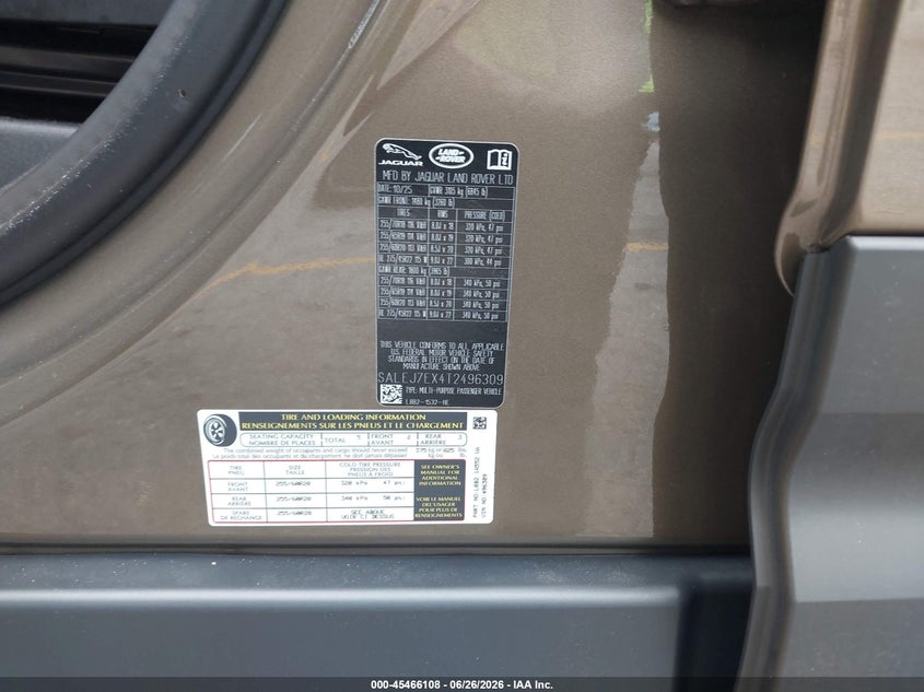 2026 Land Rover Defender P300 S VIN: SALEJ7EX4T2496309 Lot: 45466108