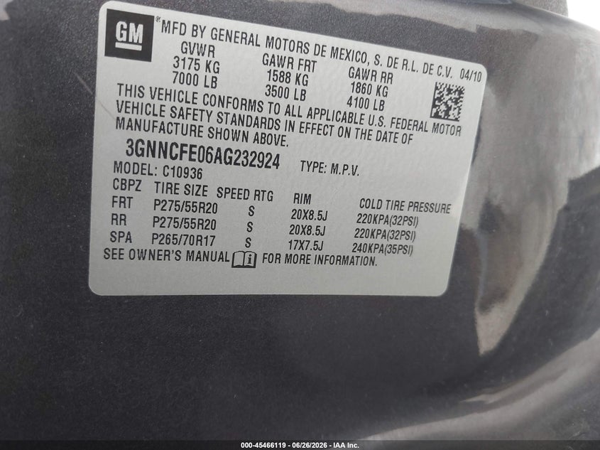 2010 Chevrolet Avalanche 1500 Lt1 VIN: 3GNNCFE06AG232924 Lot: 45466119