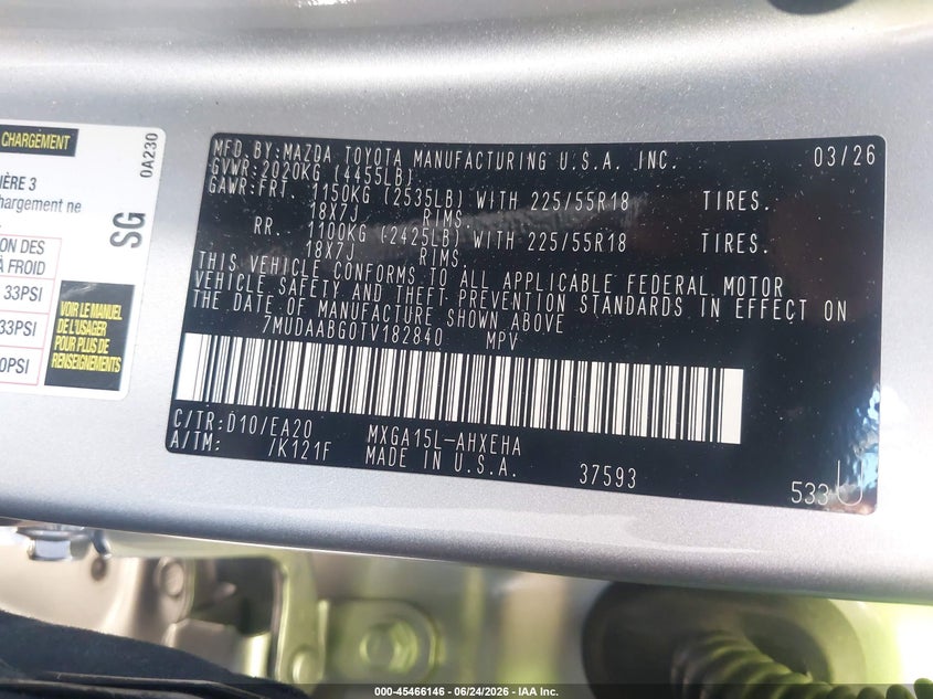 2026 Toyota Corolla Cross Xle VIN: 7MUDAABG0TV182840 Lot: 45466146