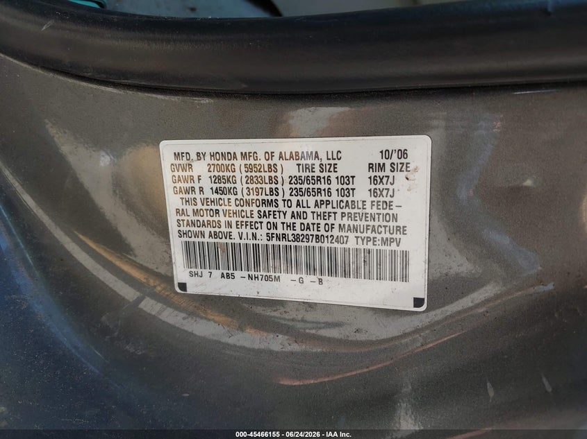 2007 Honda Odyssey Lx VIN: 5FNRL38297B012407 Lot: 45466155