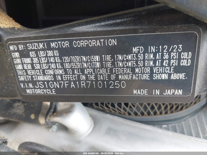 2024 Suzuki Gsx-R600 VIN: JS1GN7FA1R7101250 Lot: 45466168