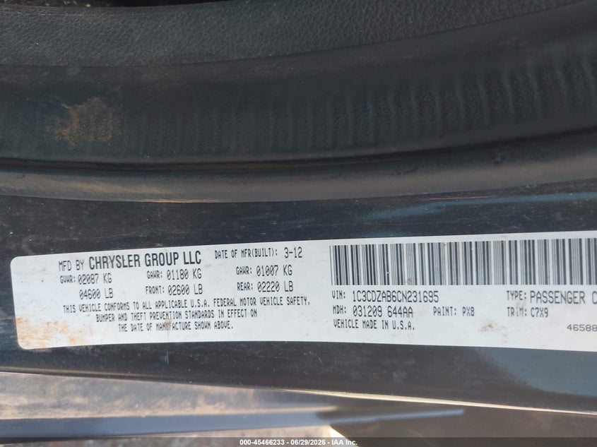 2012 Dodge Avenger Se VIN: 1C3CDZAB6CN231695 Lot: 45466233