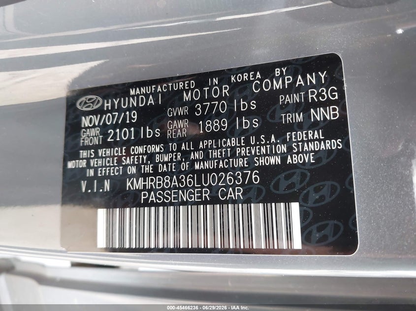 2020 Hyundai Venue Se VIN: KMHRB8A36LU026376 Lot: 45466236