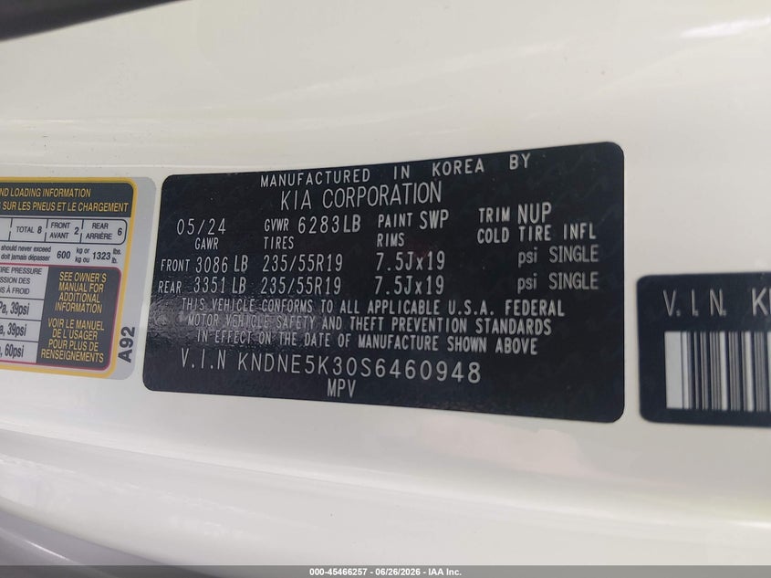 2025 Kia Carnival Mpv Sx Prestige VIN: KNDNE5K30S6460948 Lot: 45466257