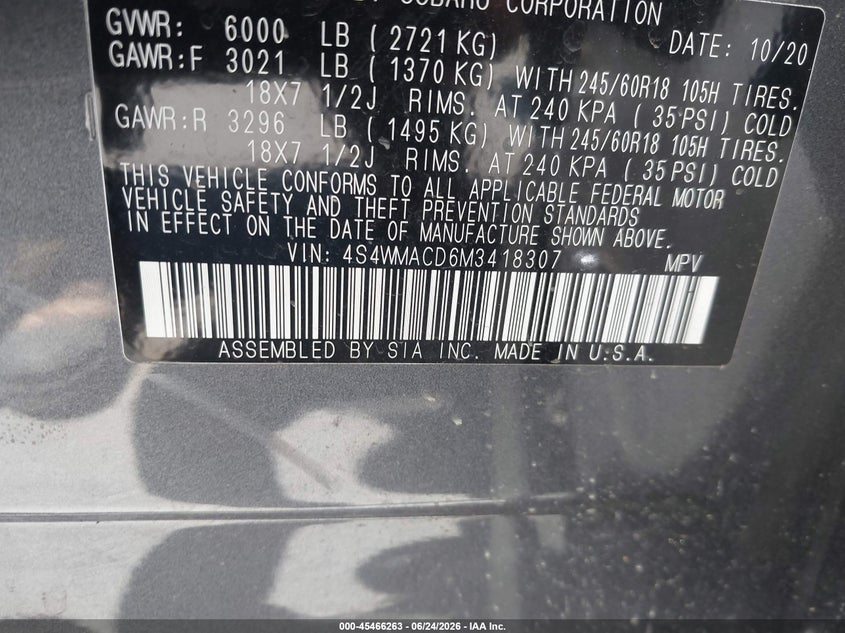2021 Subaru Ascent Premium VIN: 4S4WMACD6M3418307 Lot: 45466263