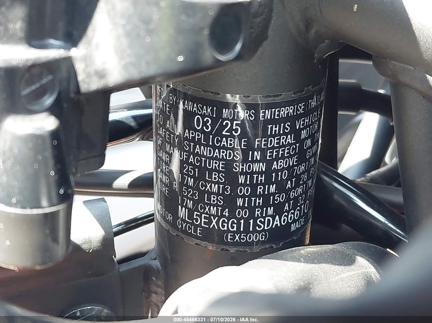 2025 Kawasaki Ex500 VIN: ML5EXGG11SDA66610 Lot: 45466331