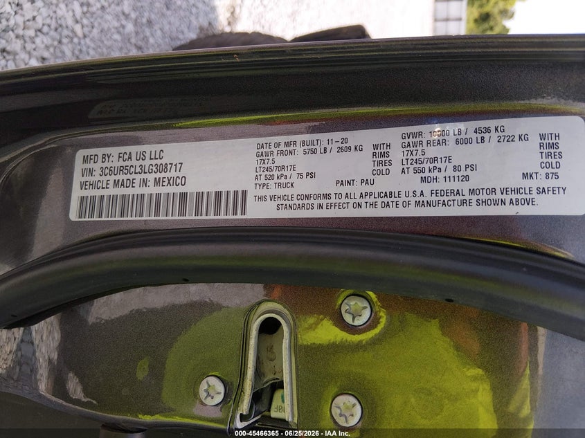 RAM 2500 2020 VIN 3C6UR5CL3LG308717