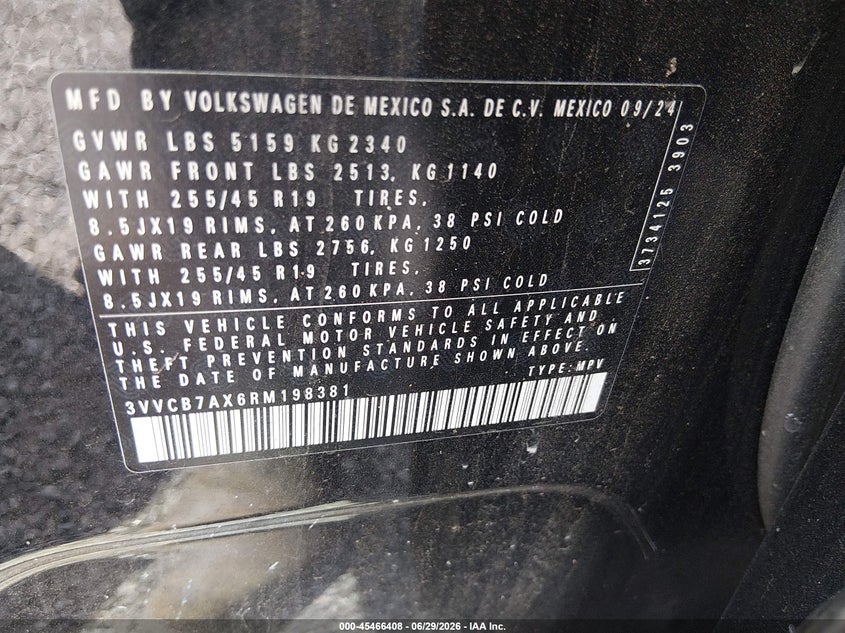2024 Volkswagen Tiguan 2.0T Se R-Line Black VIN: 3VVCB7AX6RM198381 Lot: 45466408