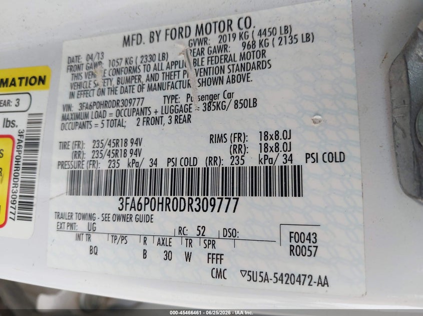 2013 FORD FUSION SEDAN 1.6L I-4 DI, DOHC, VVT, TURBO, 173HP