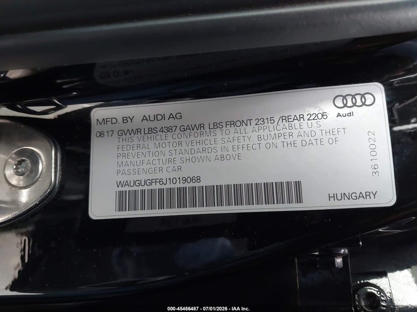 2018 Audi A3 2.0T Premium/2.0T Tech Premium VIN: WAUGUGFF6J1019068 Lot: 45466487