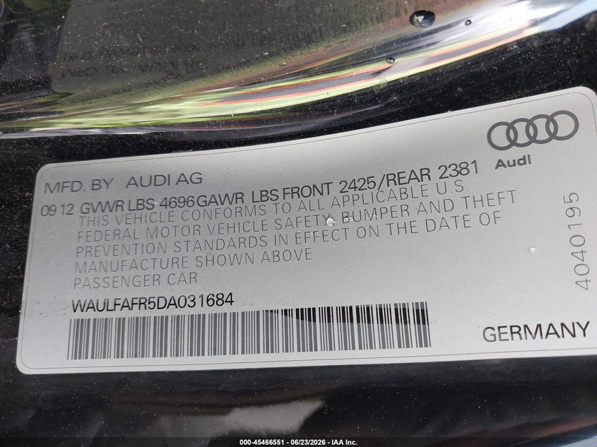 2013 Audi A5 2.0T Premium VIN: WAULFAFR5DA031684 Lot: 45466551