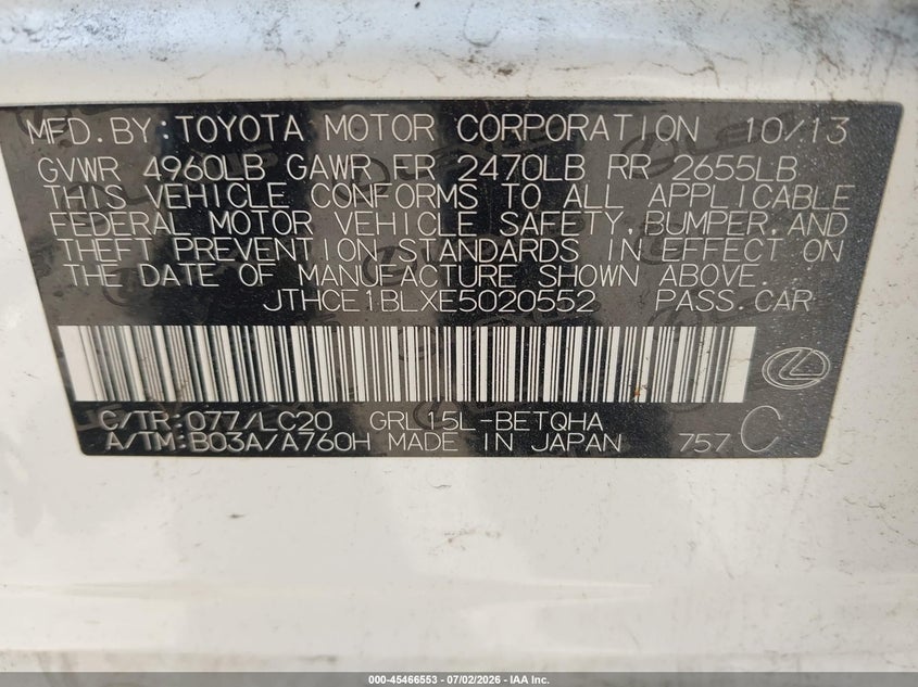 2014 LEXUS GS SEDAN 3.5L V-6 DI, DOHC, VVT, 306HP