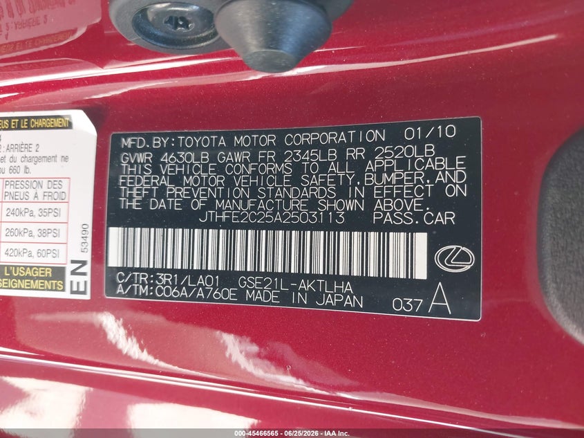 LEXUS IS 350C 2010 VIN JTHFE2C25A2503113