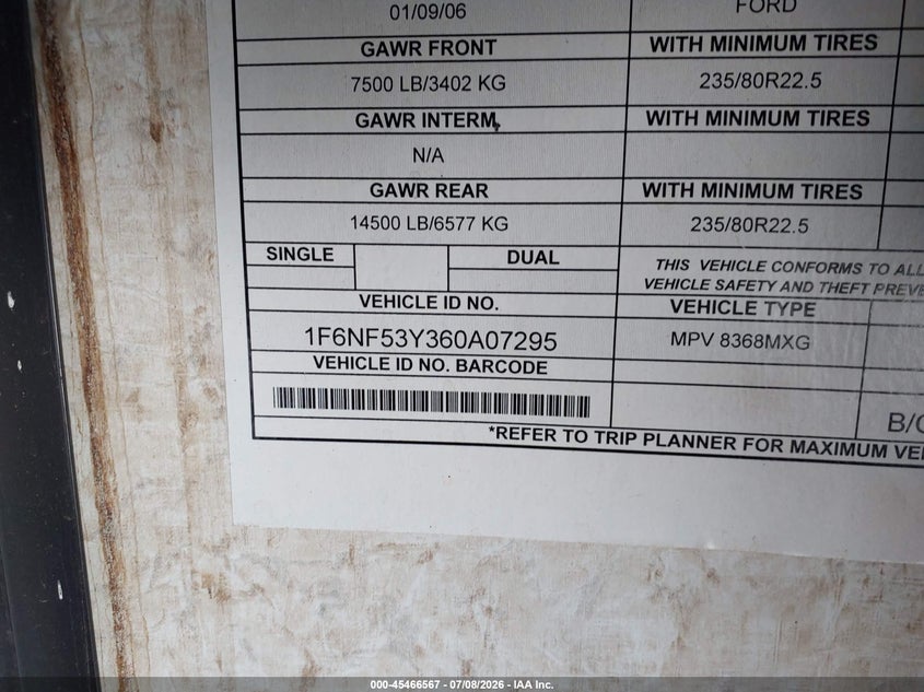 2006 Ford F550 Super Duty Stripped Chass VIN: 1F6NF53Y360A07295 Lot: 45466567