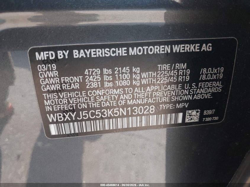 2019 BMW X2 xDrive28I VIN: WBXYJ5C53K5N13028 Lot: 45466614