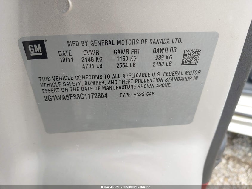 2012 CHEVROLET IMPALA SEDAN 3.6L V-6 DI, DOHC, VVT, 300HP