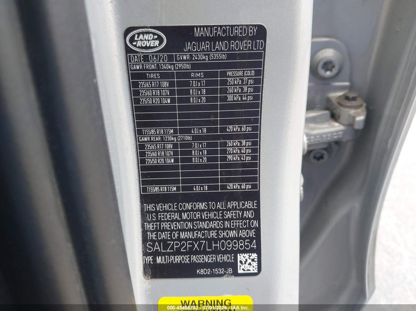 2020 Land Rover Range Rover Evoque Se VIN: SALZP2FX7LH099854 Lot: 45466752