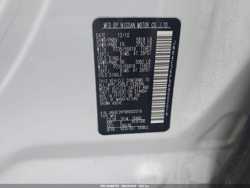 2011 Nissan Quest Sl VIN: JN8AE2KP9B9002019 Lot: 45466782