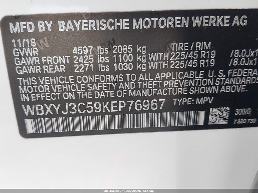 2019 BMW X2 Sdrive28I VIN: WBXYJ3C59KEP76967 Lot: 45466827