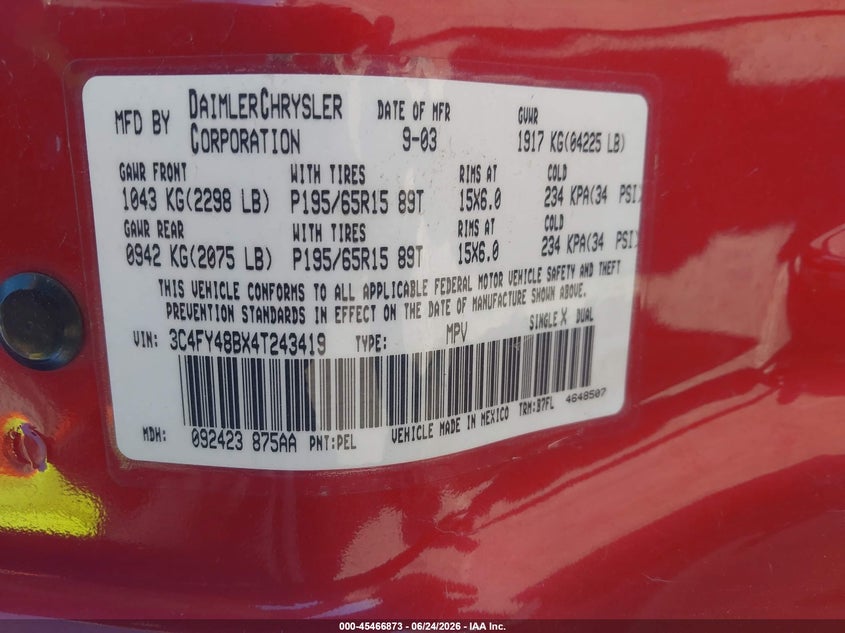 2004 Chrysler Pt Cruiser VIN: 3C4FY48BX4T243419 Lot: 45466873