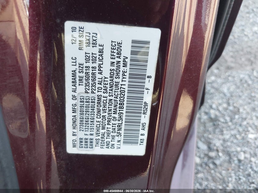 2011 HONDA ODYSSEY VAN 3.5L V-6 VVT, 248HP