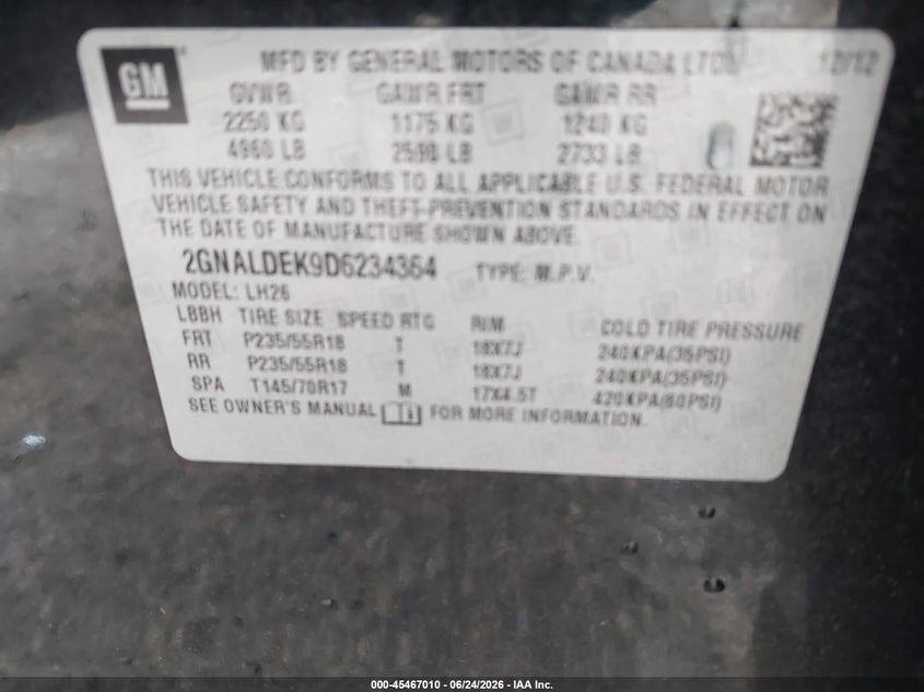 2013 CHEVROLET EQUINOX SPORT UTILITY VEHICLE 2.4L I-4 DI, DOHC, VVT, 182HP