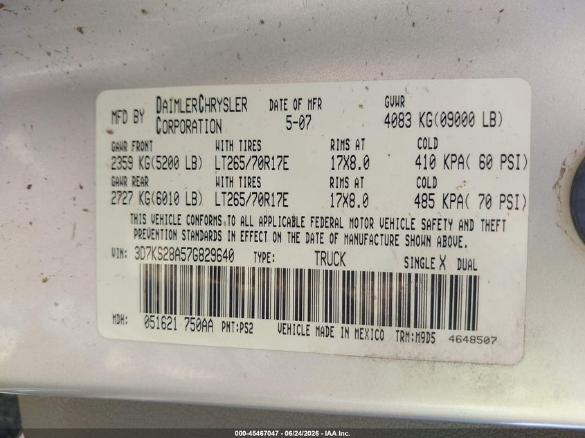 DODGE RAM 2500 2007 VIN 3D7KS28A57G829640
