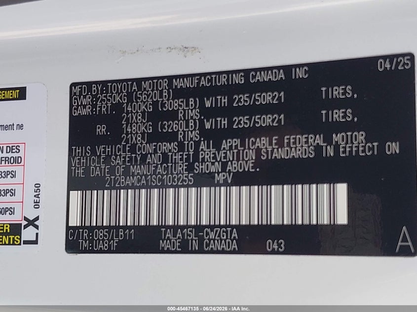 LEXUS RX 350 2025 VIN 2T2BAMCA1SC103255