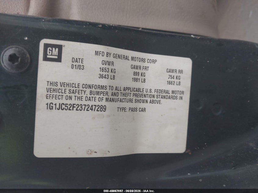 2003 Chevrolet Cavalier VIN: 1G1JC52F237247289 Lot: 45467157