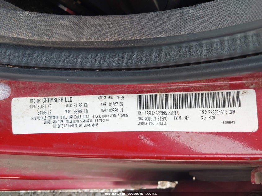 2009 Dodge Avenger Se/Sxt VIN: 1B3LC46B99N565188 Lot: 45467189