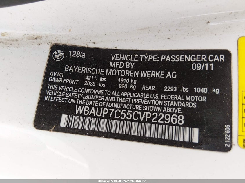 2012 BMW 128I VIN: WBAUP7C55CVP22968 Lot: 45467213