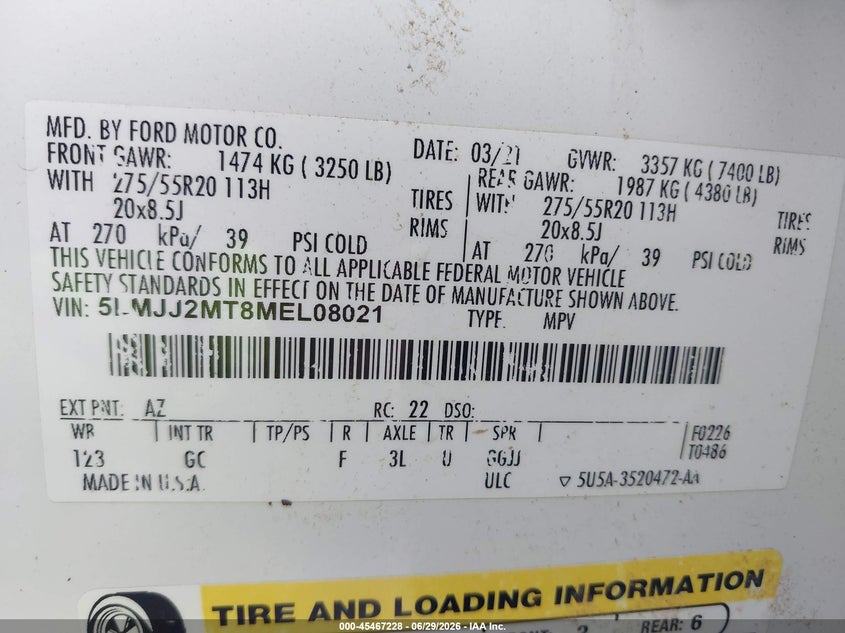 LINCOLN NAVIGATOR 2021 VIN 5LMJJ2MT8MEL08021
