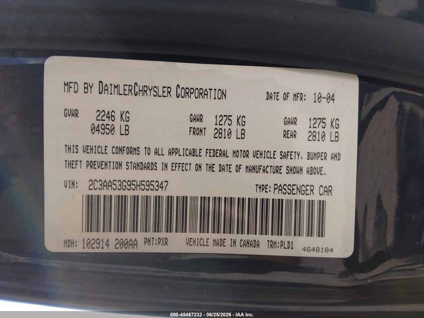 2005 Chrysler 300 Touring VIN: 2C3AA53G95H595347 Lot: 45467232