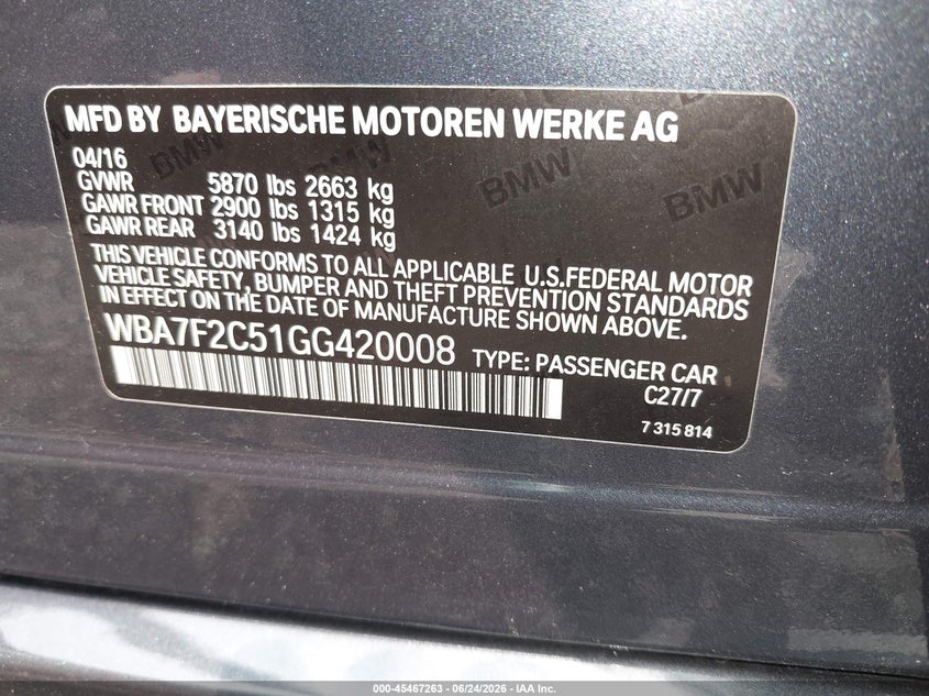 2016 BMW 750I xDrive VIN: WBA7F2C51GG420008 Lot: 45467263
