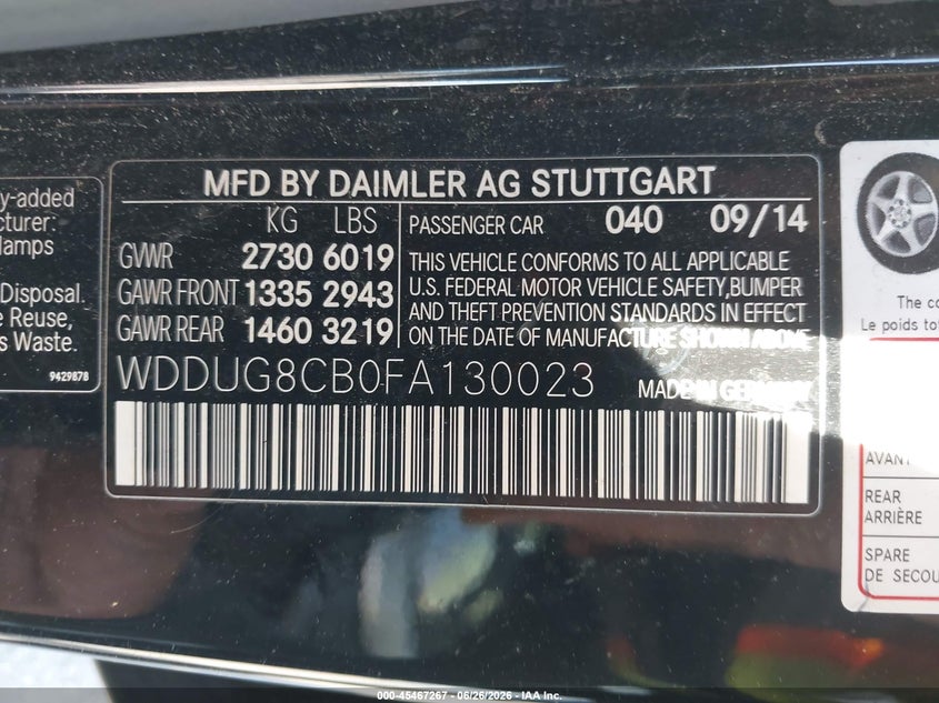 2015 Mercedes-Benz S 550 VIN: WDDUG8CB0FA130023 Lot: 45467267