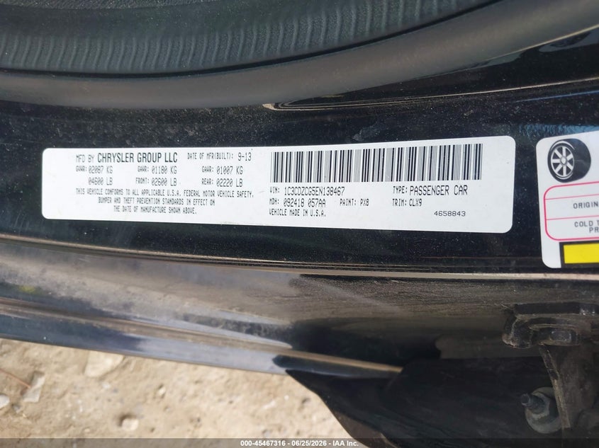 2014 Dodge Avenger Sxt VIN: 1C3CDZCG5EN138467 Lot: 45467316