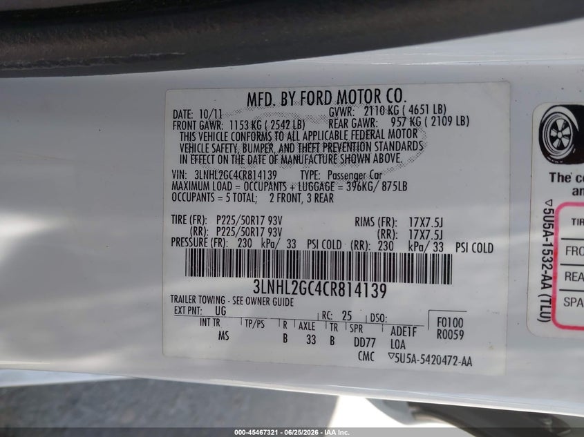 2012 LINCOLN MKZ SEDAN 3.5L V-6 DOHC, VVT, 263HP