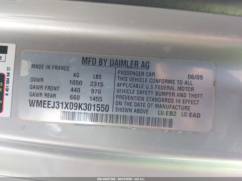 2009 Smart Fortwo Brabus/Passion/Pure VIN: WMEEJ31X09K301550 Lot: 45467366