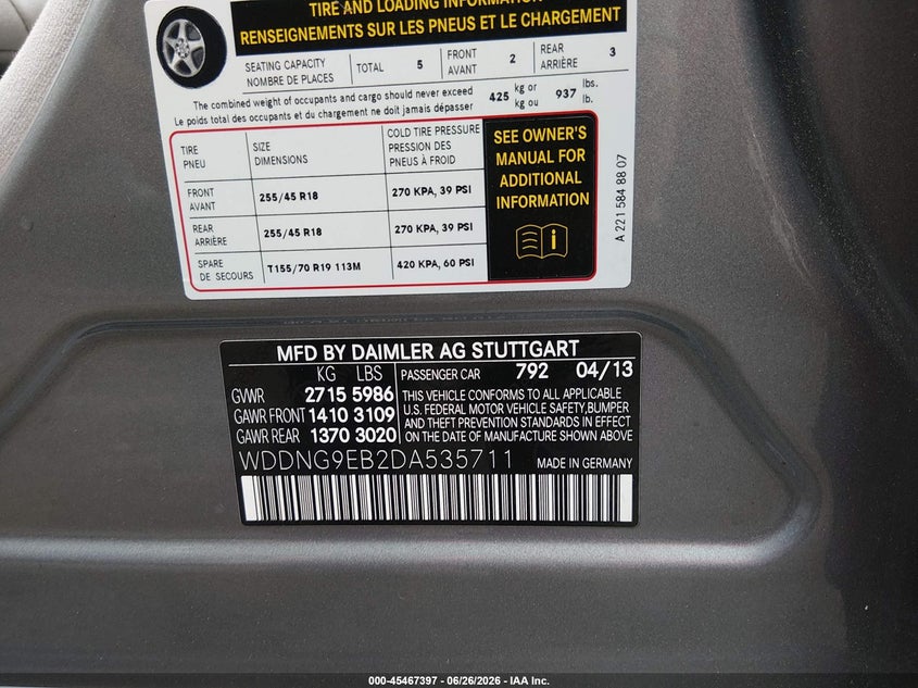 2013 Mercedes-Benz S 550 4Matic VIN: WDDNG9EB2DA535711 Lot: 45467397
