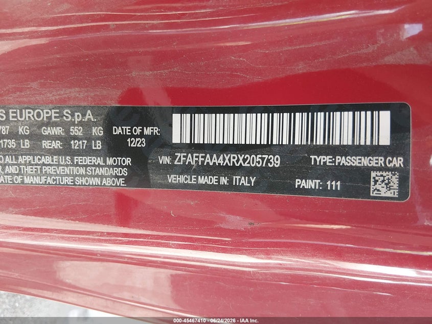 2024 Fiat 500E Inspi(Red) Fwd VIN: ZFAFFAA4XRX205739 Lot: 45467410