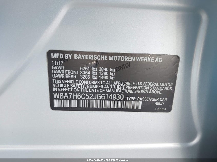 2018 BMW M760I xDrive VIN: WBA7H6C52JG614930 Lot: 45467455